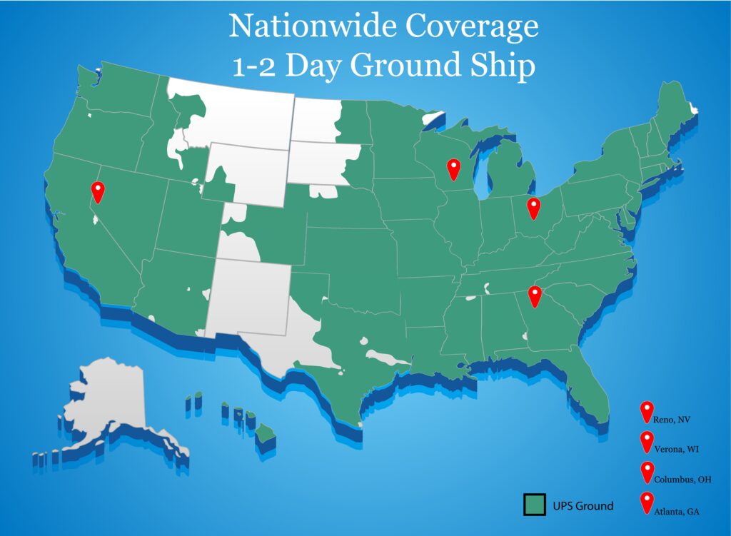 Nationwide coverage shipping map showing 1-2 day ground ship with UPS.